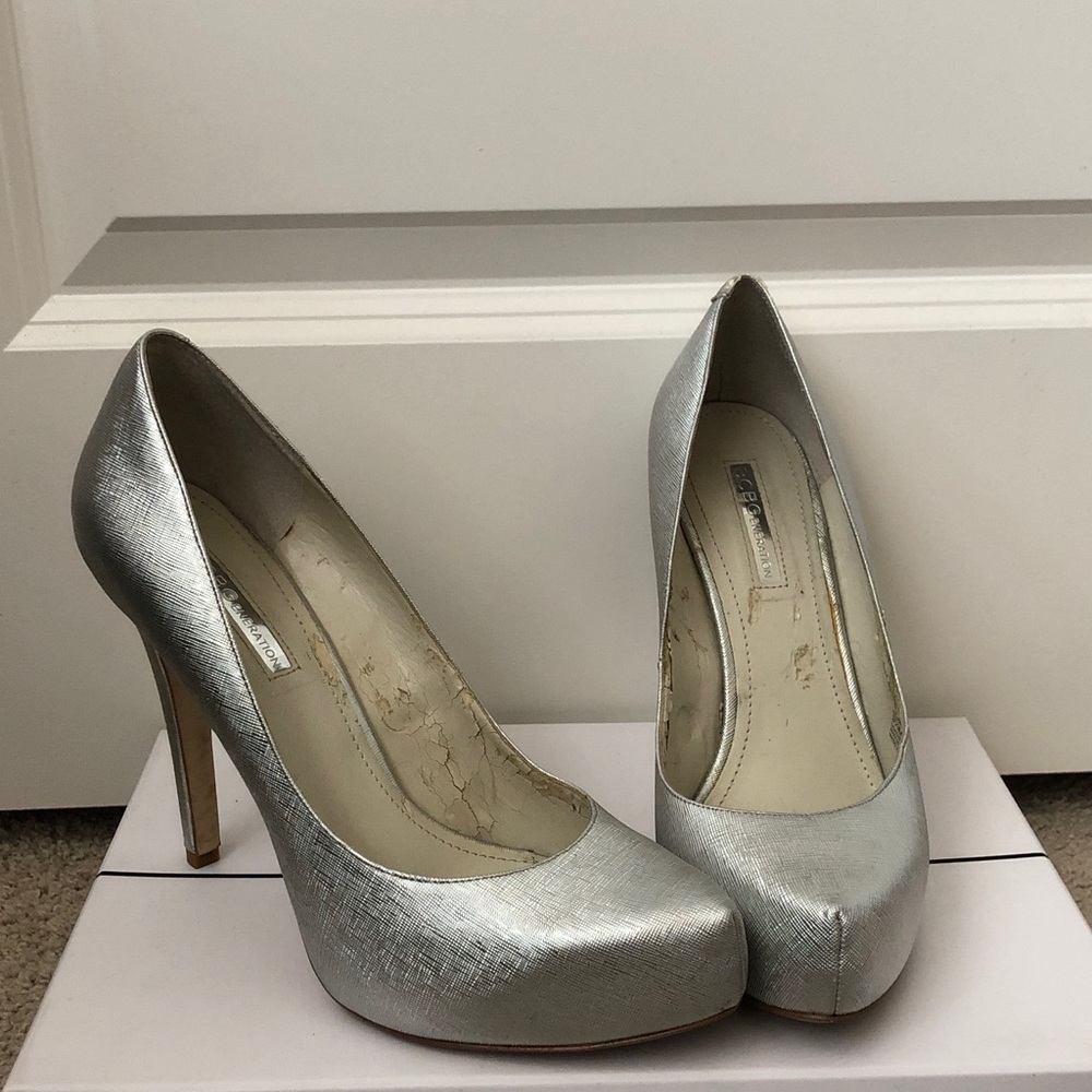 BCBGeneration Silver Metallic Platform Pumps